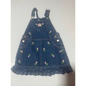 Vintage Toddler 3T Overall Dress Embroidered Pink Roses